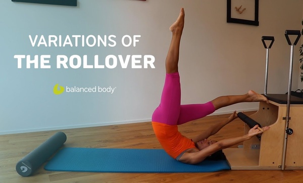 Variations of the Rollover woman exercising on mat with combo chair and roller