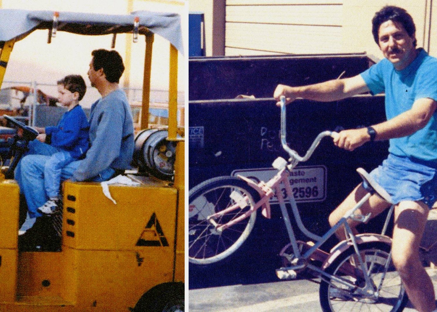 Ken on forklift with nephew and Ken on bike