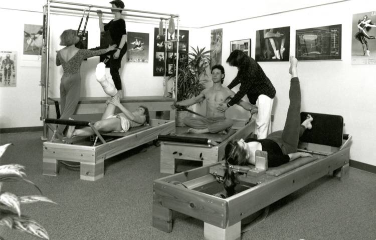 B+W photo of Pilates equipment in use